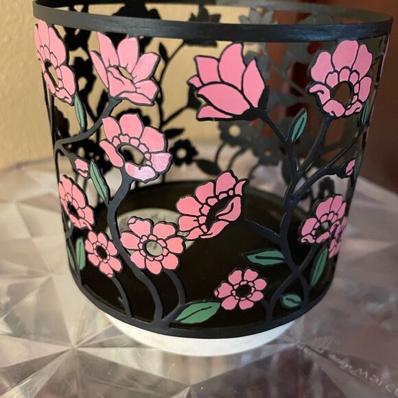 Bath & Body Works Black Metal Pink Poppy Flower Marble Base Candle Holder - Picture 2 of 14